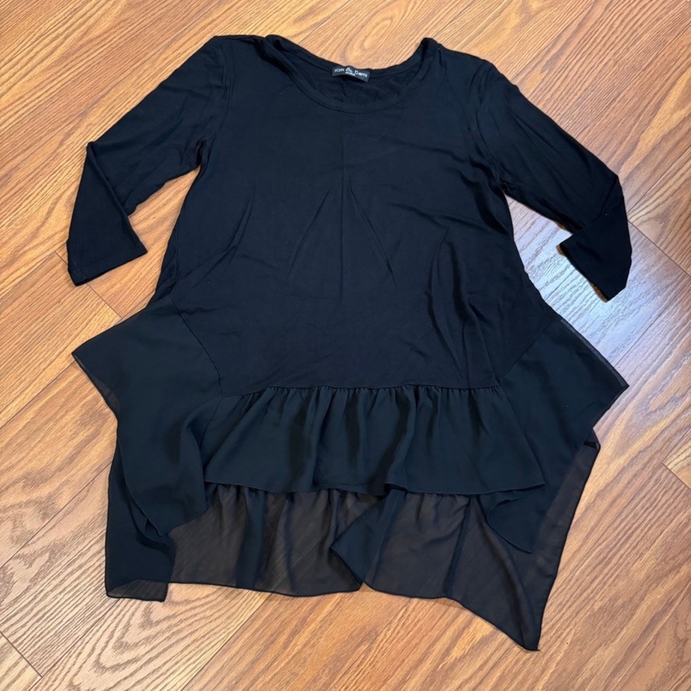 Kim & Cami Black 3/4 Sleeve Tunic Top Tiered Handkerchief Hem Medium 1CS10-K003